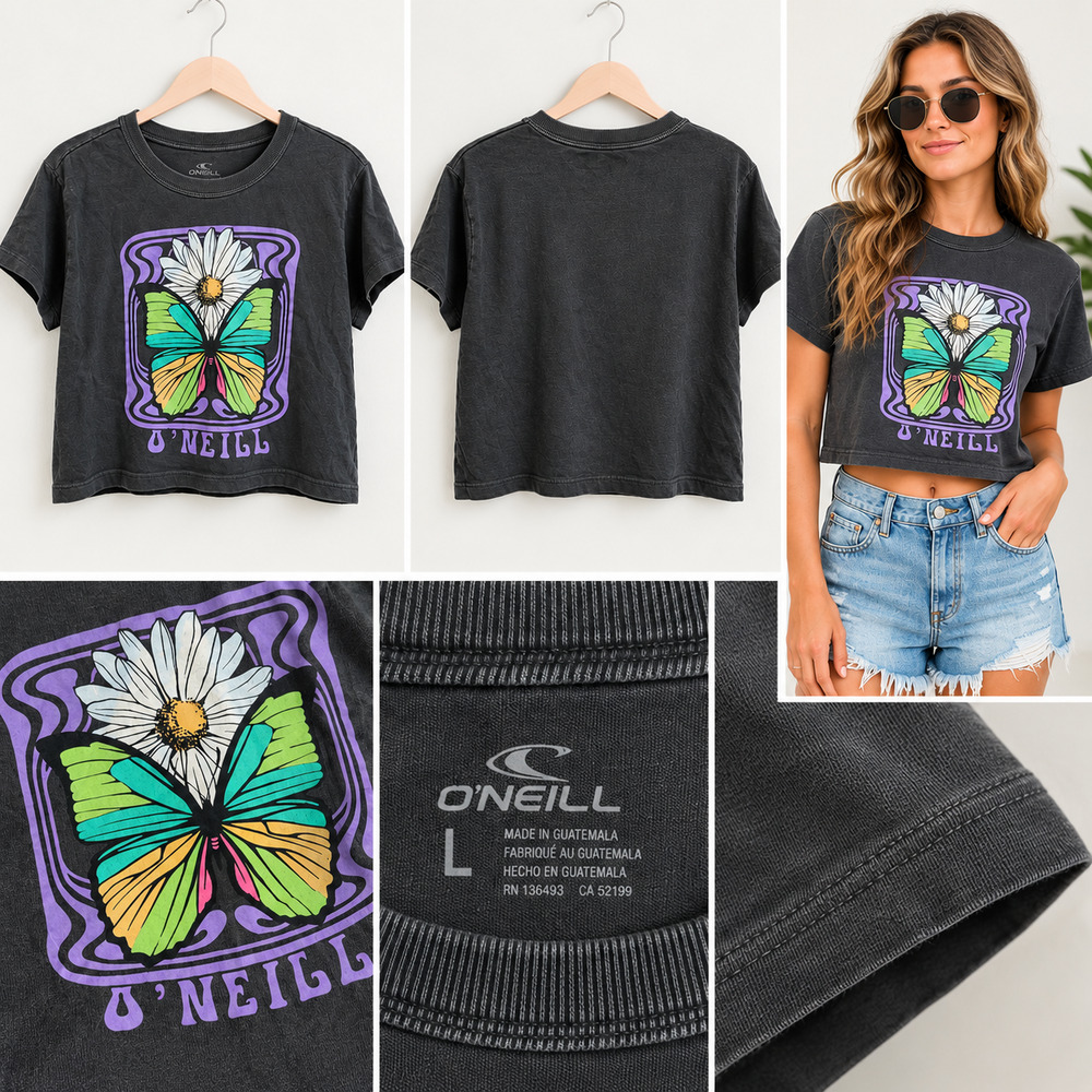 O'Neill Size Large Butterfly Daisy Graphic Cropped T-Shirt Washed Black